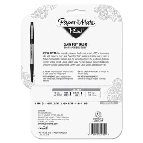 Papermate® Flair Felt Tip Stick Marker Pen, 0.4mm, Assorted Ink, Gray Barrel, 16/Pack