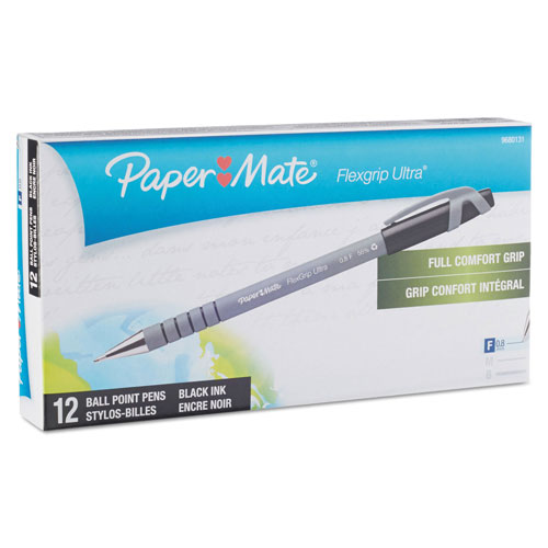Papermate® FlexGrip Ultra Stick Ballpoint Pen, Fine 0.8mm, Black Ink, Gray Barrel, Dozen