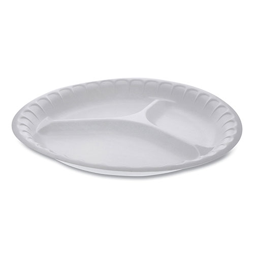 Pactiv Unlaminated Foam Dinnerware, 3-Compartment Plate, 10.25" Diameter, White, 540/Carton