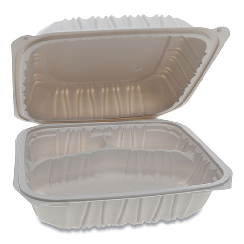 Pactiv Vented Microwavable Hinged-Lid Takeout Container, 3-Compartment, 8.5 x 8.5 x 3.1, White, 146/Carton