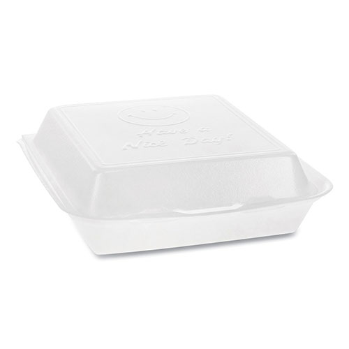 Pactiv Foam Hinged Lid Containers, Dual Tab Lock Happy Face, 8 x 7.75 x 2.25, 1-Compartment, White, 200/Carton