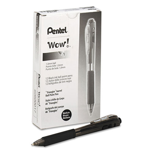 Pentel WOW! Retractable Ballpoint Pen, Medium 1 mm, Black Ink/Barrel, Dozen