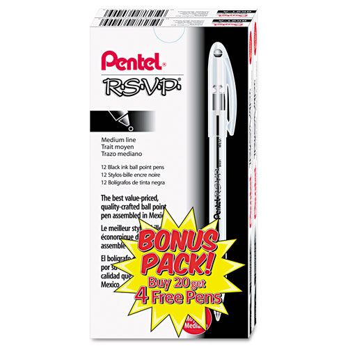 Pentel R.S.V.P. Stick Ballpoint Pen Value Pack, 1mm, Black Ink, Clear/Black Barrel, 24/Pack