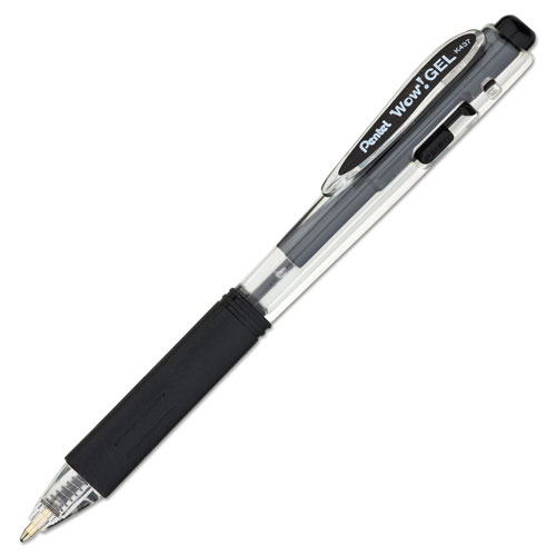 Pentel WOW! Retractable Gel Pen, Medium 0.7 mm, Black Ink, Clear/Black Barrel, 24/Pack