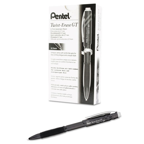 Pentel Twist-Erase GT Pencils, 0.7 mm, HB (#2.5), Black Lead, Black Barrel