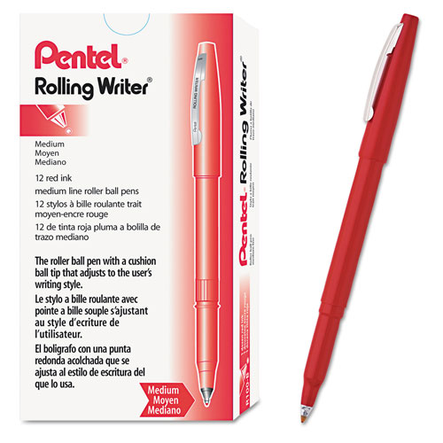 Pentel Rolling Writer Stick Roller Ball Pen, Medium 0.8mm, Red Ink/Barrel, Dozen