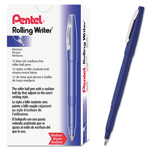 Pentel Rolling Writer Stick Roller Ball Pen, Medium 0.8mm, Blue Ink/Barrel, Dozen