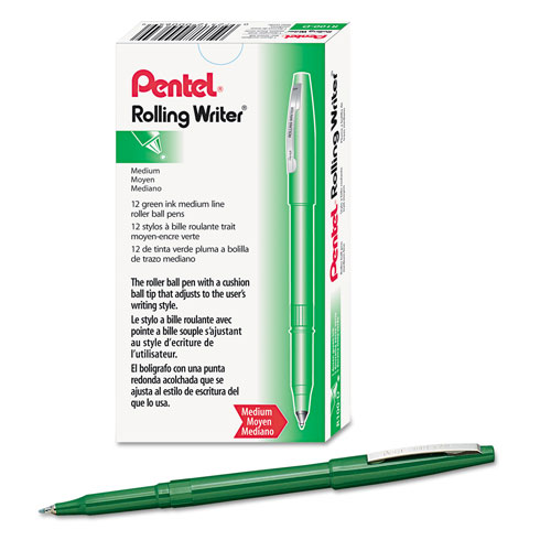 Pentel Rolling Writer Stick Roller Ball Pen, Medium 0.8mm, Green Ink/Barrel, Dozen