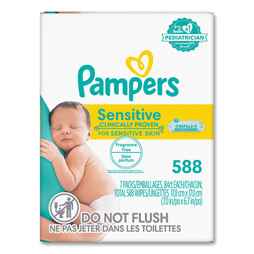 Pampers® Sensitive Baby Wipes, 1-Ply, 6.7 x 7, Unscented, White, 84/Pack, 7/Carton
