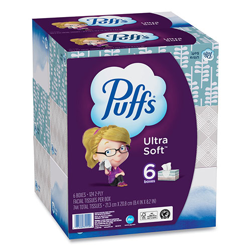 Puffs Ultra Soft Facial Tissue, 2-Ply, White, 124 Sheets/Box, 6 Boxes/Pack, 4 Packs/Carton