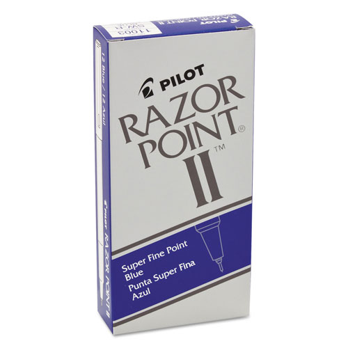 Pilot Razor Point II Stick Porous Point Marker Pen, 0.2mm, Blue Ink/Barrel, Dozen