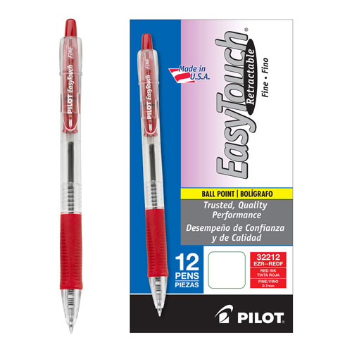 Pilot EasyTouch Retractable Ballpoint Pen, Fine 0.7mm, Red Ink, Clear Barrel, Dozen