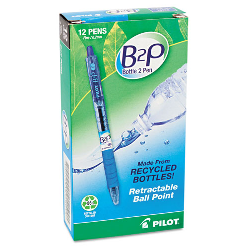 Pilot B2P Bottle-2-Pen Retractable Ballpoint Pen, 0.7mm, Blue Ink, Translucent Blue Barrel, Dozen