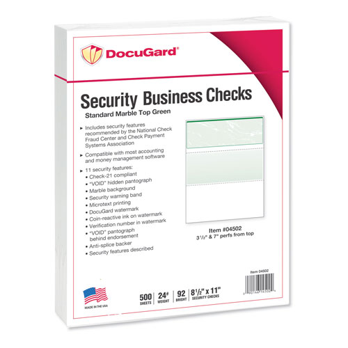Paris Business Forms Standard Security Check, 11 Features, 8.5 x 11, Green Marble Top, 500/Ream