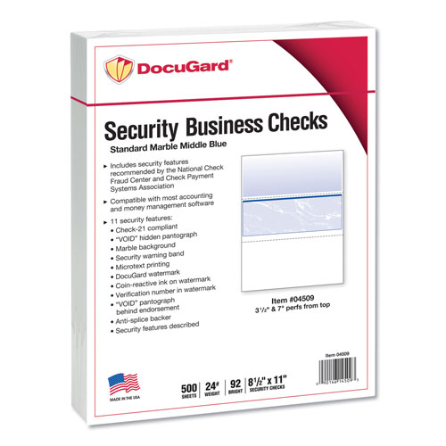 Paris Business Forms Standard Security Check, 11 Features, 8.5 x 11, Blue Marble Middle, 500/Ream
