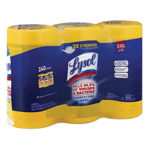 Lysol Disinfecting Wipes, 7 x 8, Lemon and Lime Blossom, 80 Wipes/Canister, 3 Canisters/Pack