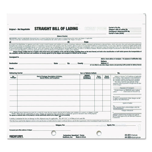 Rediform Snap-A-Way Bill of Lading, Short Form, Three-Part Carbonless, 7 x 8.5, 250 Forms Total