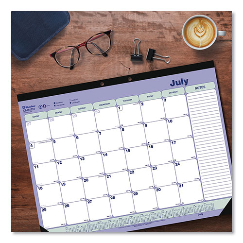 Blueline Academic Monthly Desk Pad Calendar, 21.25 x 16, White/Blue/Green, Black Binding/Corners, 13-Month (July-July): 2023 to 2024