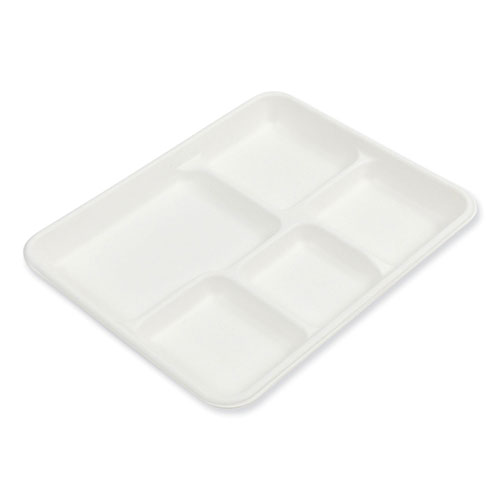 Amercare Bagasse PFAS-Free Food Tray, 5-Compartment, 8.26 x 10.23 x 0.94, White, Bamboo/Sugarcane, 500/Carton