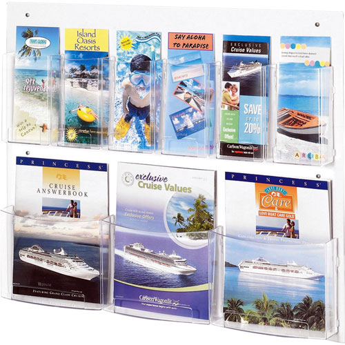 Safco Magazine/Pamphlet Display, 9 Pockets, 28" x 3" x 23-1/2" Clear