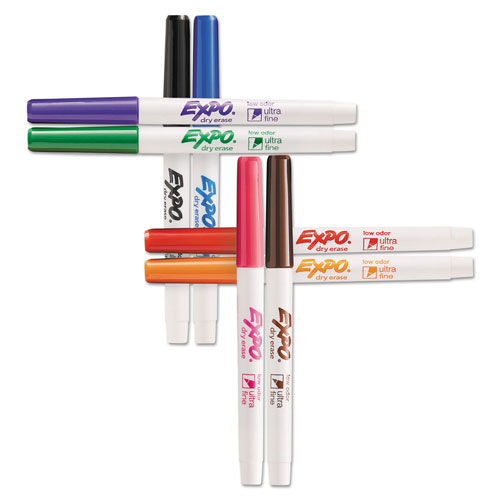 Expo® Low-Odor Dry-Erase Marker, Extra-Fine Needle Tip, Assorted Colors, 8/Set