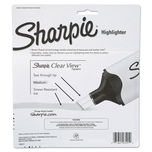 Sharpie® Clearview Tank-Style Highlighter, Blade Chisel Tip, Assorted Colors, 4/Set