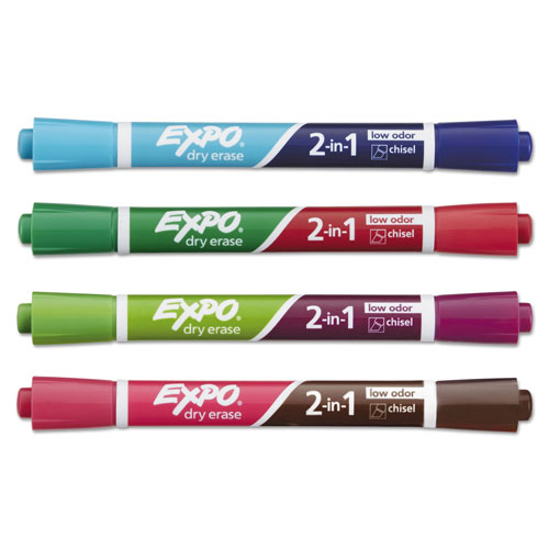 Expo® 2-in-1 Dry Erase Markers, Broad/Fine Chisel Tip, Assorted Colors, 4/Pack