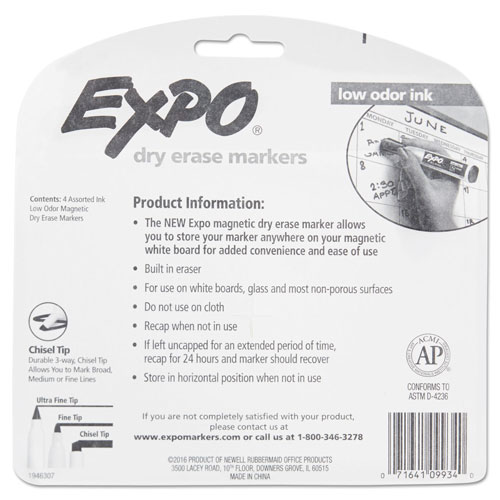 Expo® Magnetic Dry Erase Marker, Broad Chisel Tip, Assorted Colors, 4/Pack