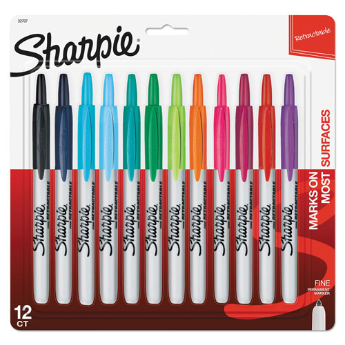 Sharpie® Retractable Permanent Marker, Fine Bullet Tip, Assorted Colors, 12/Set