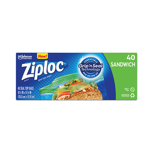 Ziploc® Resealable Sandwich Bags, 1.2 mil, 6.5" x 5.88", Clear, 40/Box