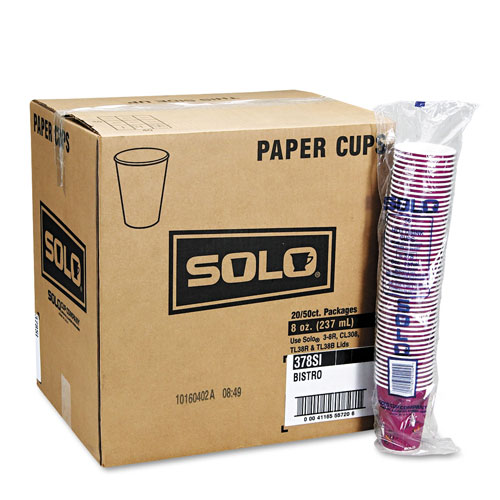 Solo Bistro Design Hot Drink Cups, Paper, 8oz, Maroon, 50/Bag, 20 Bags/Carton