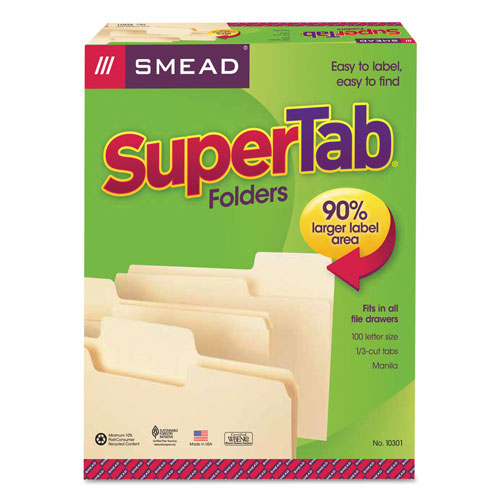 Smead SuperTab Top Tab File Folders, 1/3-Cut Tabs, Letter Size, 11 pt. Manila, 100/Box