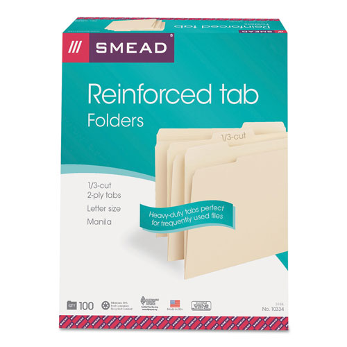 Smead Reinforced Tab Manila File Folders, 1/3-Cut Tabs, Letter Size, 11 pt. Manila, 100/Box