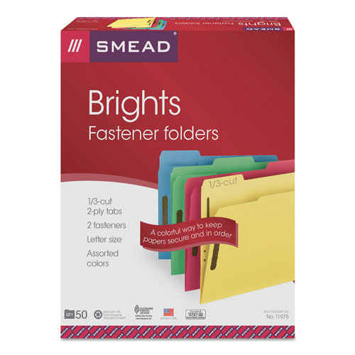Smead Top Tab Colored 2-Fastener Folders, 1/3-Cut Tabs, Letter Size, Assorted, 50/Box