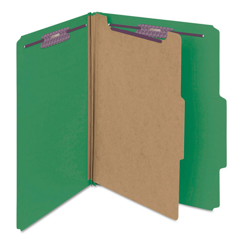 Smead Four-Section Pressboard Top Tab Classification Folders with SafeSHIELD Fasteners, 1 Divider, Letter Size, Green, 10/Box