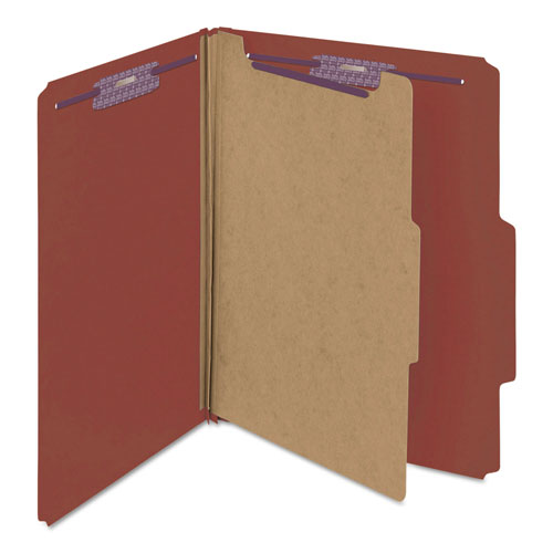 Smead Pressboard Classification Folders with SafeSHIELD Coated Fasteners, 2/5 Cut, 1 Divider, Letter Size, Red, 10/Box