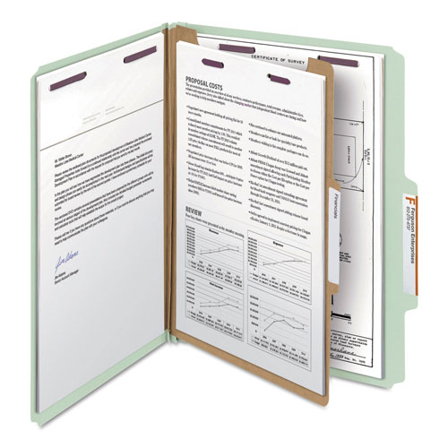 Smead Pressboard Classification Folders with SafeSHIELD Coated Fasteners, 2/5 Cut, 1 Divider, Letter Size, Gray-Green, 10/Box