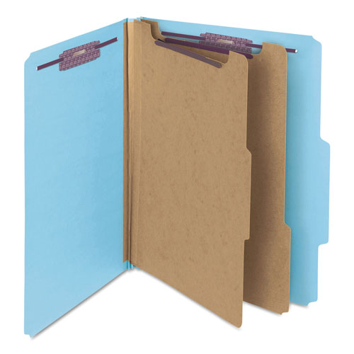 Smead Six-Section Pressboard Top Tab Classification Folders with SafeSHIELD Fasteners, 2 Dividers, Letter Size, Blue, 10/Box