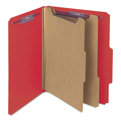 Smead Six-Section Pressboard Top Tab Classification Folders with SafeSHIELD Fasteners, 2 Dividers, Letter Size, Bright Red, 10/Box