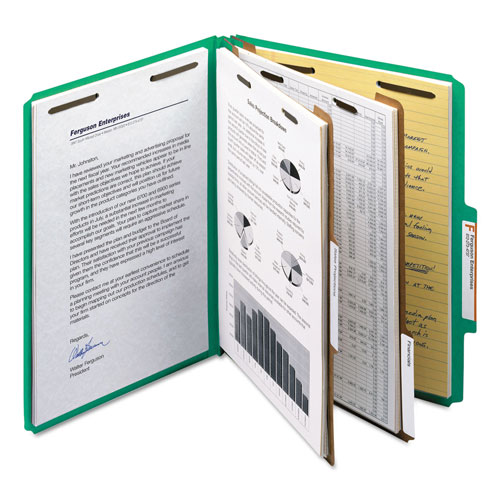 Smead 100% Recycled Pressboard Classification Folders, 2 Dividers, Letter Size, Green, 10/Box