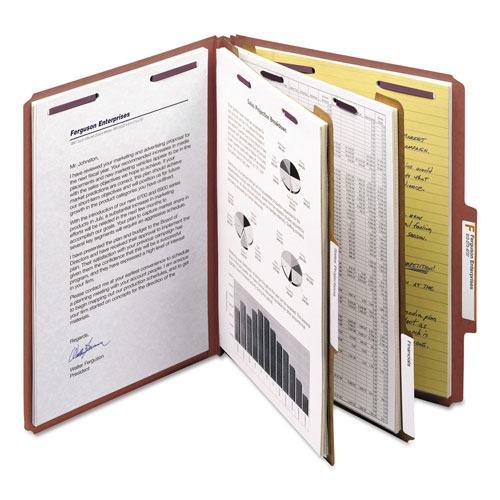 Smead Pressboard Classification Folders with SafeSHIELD Coated Fasteners, 2/5 Cut, 2 Dividers, Letter Size, Red, 10/Box