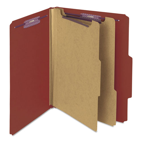 Smead Pressboard Classification Folders with SafeSHIELD Coated Fasteners, 2/5 Cut, 2 Dividers, Letter Size, Red, 10/Box