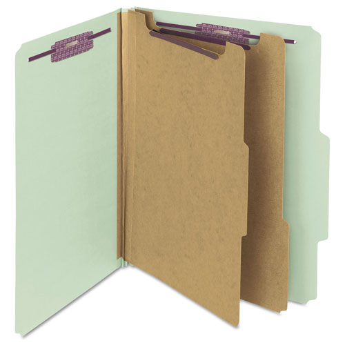 Smead Pressboard Classification Folders with SafeSHIELD Coated Fasteners, 2/5 Cut, 2 Dividers, Letter Size, Gray-Green, 10/Box