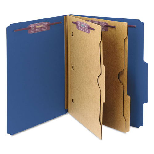Smead 6-Section Pressboard Top Tab Pocket-Style Classification Folders with SafeSHIELD Fasteners, 2 Dividers, Letter, Blue, 10/Box