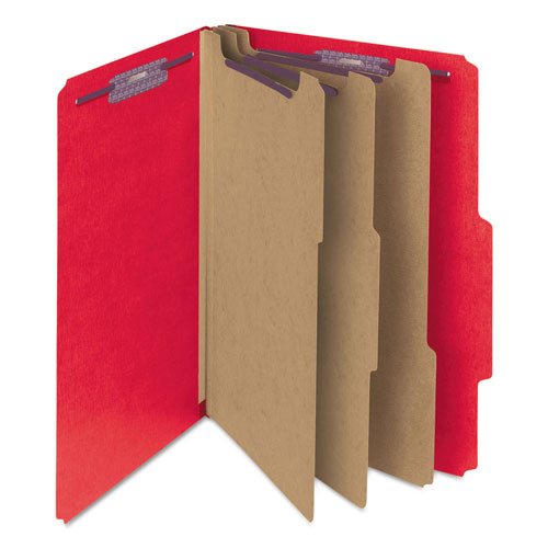 Smead Eight-Section Pressboard Top Tab Classification Folders with SafeSHIELD Fasteners, 3 Dividers, Letter Size, Bright Red, 10/BX