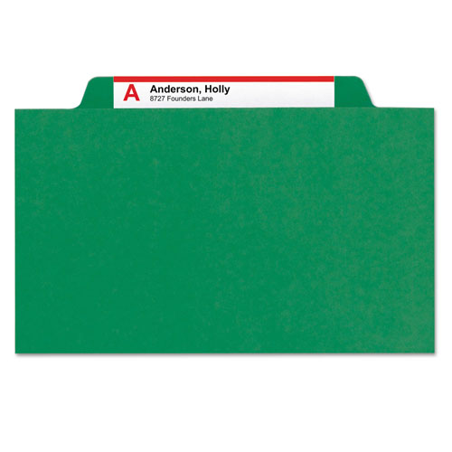 Smead Eight-Section Pressboard Top Tab Classification Folders with SafeSHIELD Fasteners, 3 Dividers, Letter Size, Green, 10/Box