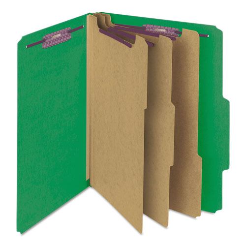Smead Eight-Section Pressboard Top Tab Classification Folders with SafeSHIELD Fasteners, 3 Dividers, Letter Size, Green, 10/Box