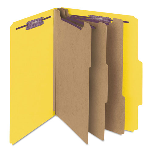Smead Eight-Section Pressboard Top Tab Classification Folders with SafeSHIELD Fasteners, 3 Dividers, Letter Size, Yellow, 10/Box