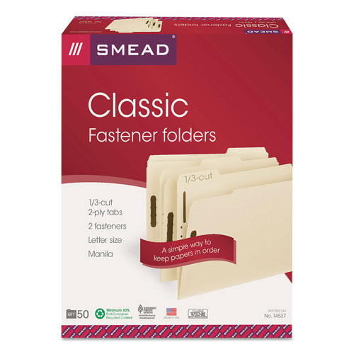 Smead Top Tab 2-Fastener Folders, 1/3-Cut Tabs, Letter Size, 11 pt. Manila, 50/Box