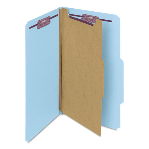 Smead Four-Section Pressboard Top Tab Classification Folders with SafeSHIELD Fasteners, 1 Divider, Legal Size, Blue, 10/Box